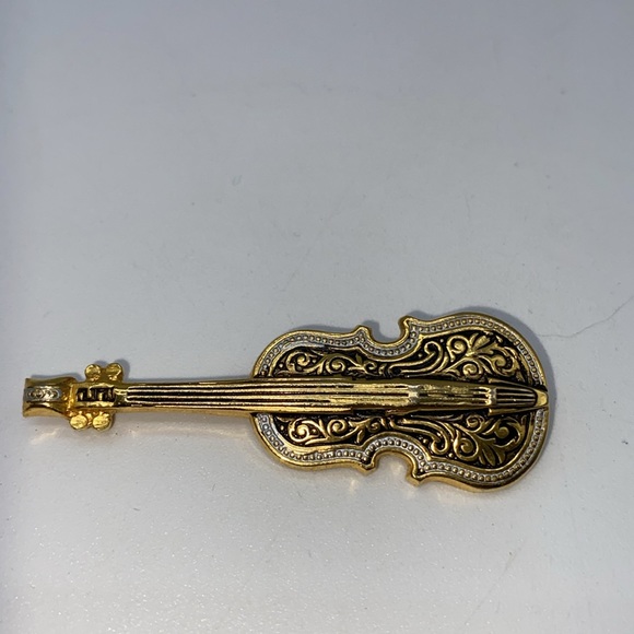 Spanish Damascene Gold and Black Violin Musical Figural Instrument Brooch Pin - Picture 2 of 5
